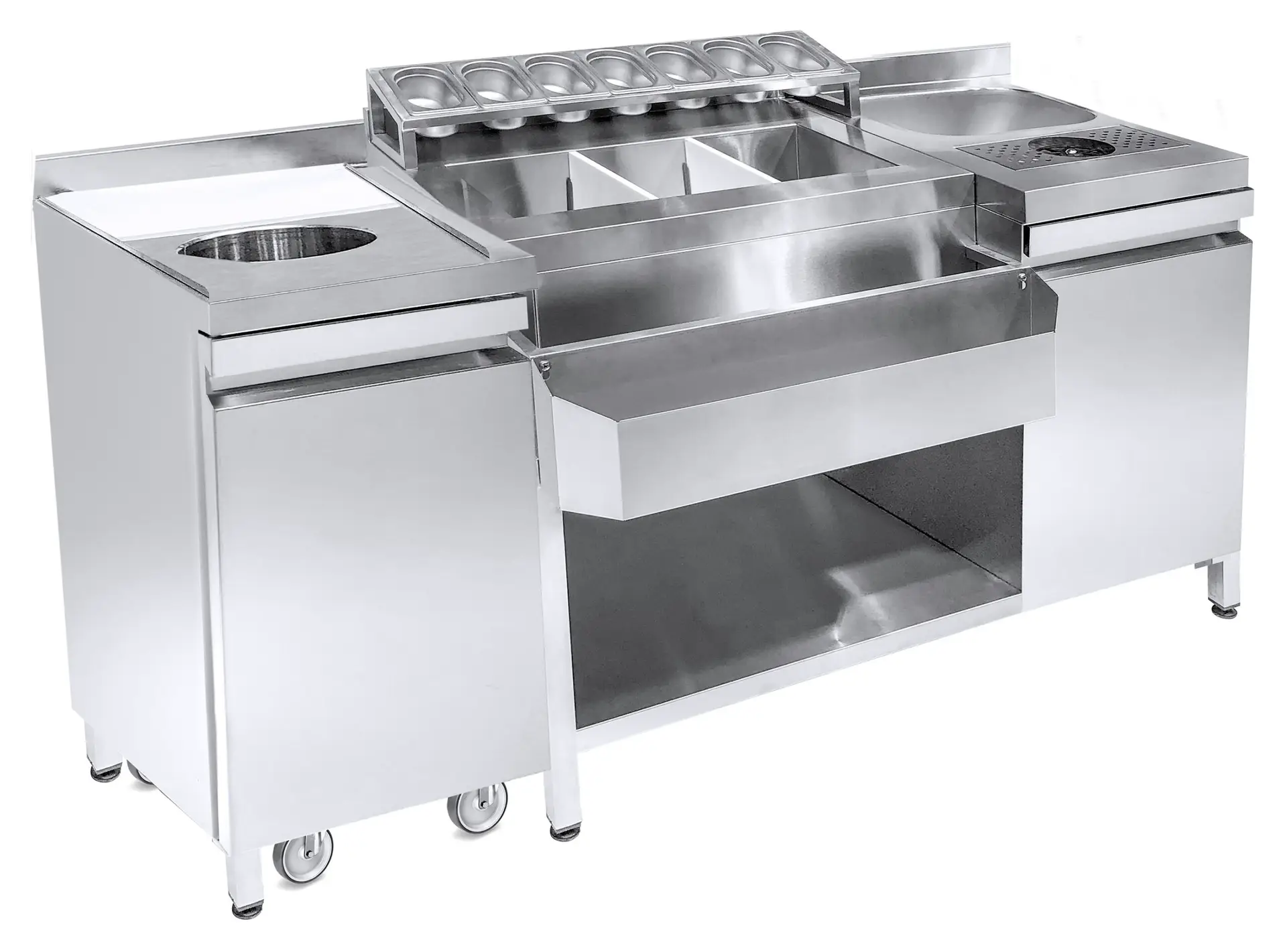 CombiSteel Cocktail Bar Station incl. Sink, Glass Rinser, GN Containers, Speedrail for Bottles, Cutting Board and Waste Bin 7083.0040