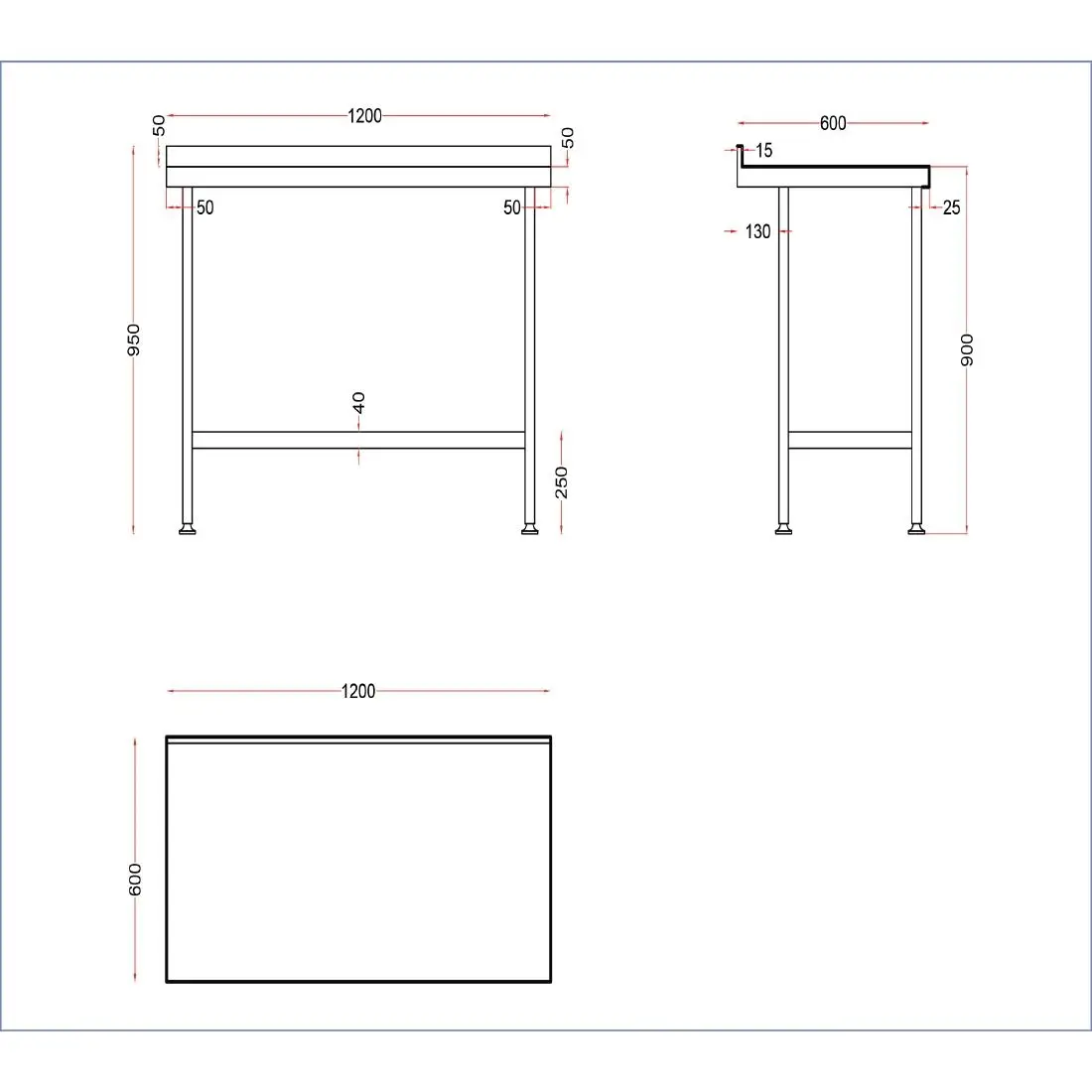 Vogue Stainless Steel Wall Table with Upstand 1200mm DR022 - Image 3