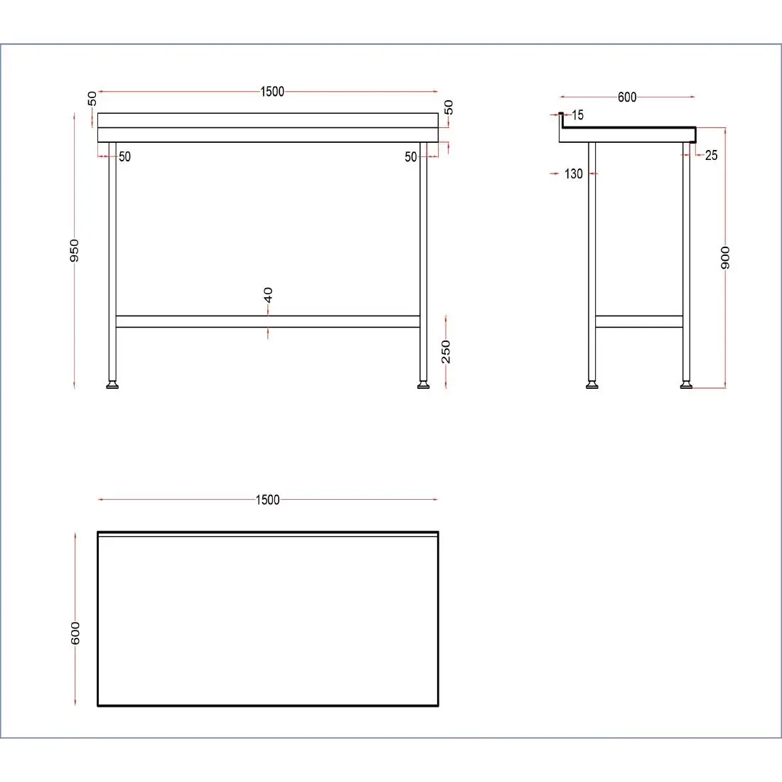 Vogue Stainless Steel Wall Table with Upstand 1500mm DR023 - Image 3