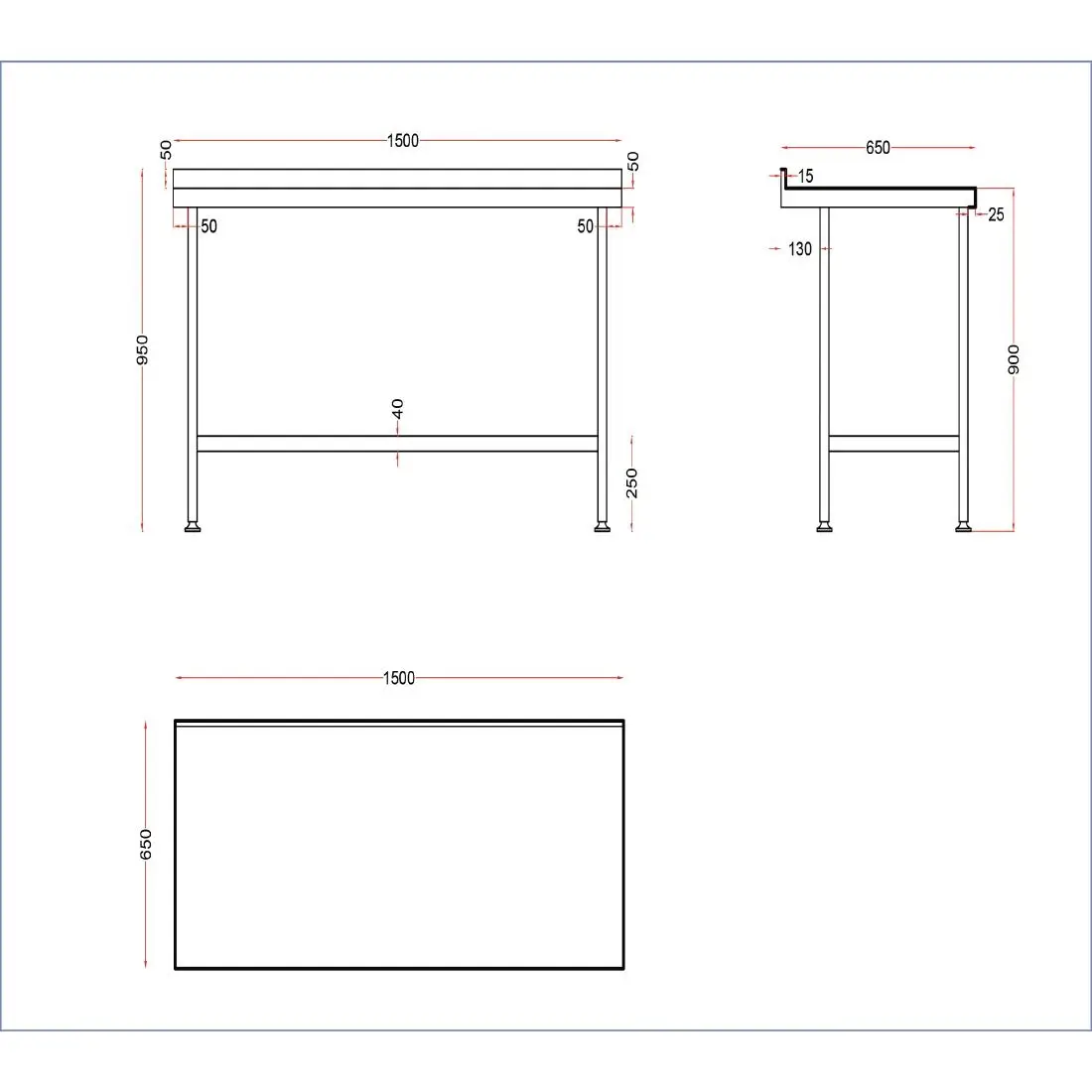 Vogue Stainless Steel Wall Table with Upstand 1500mm DR030 - Image 3