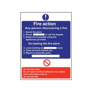 Mileta Fire Action Safety Sign 200x150mm - EE095