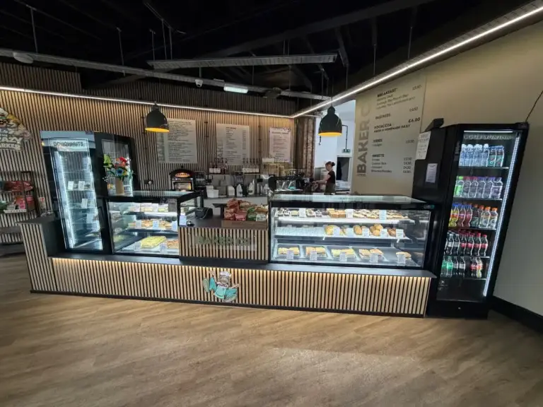 The finished counter and display refrigeration run at The Crazy Baker & Co, Swansea city centre