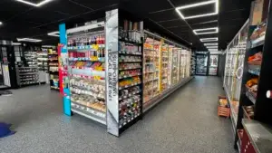 The finished Premier Aberkenfig store — meal deal and food-to-go run under the new black ceiling grid