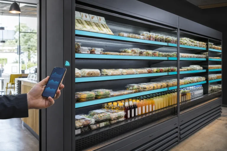 A connected commercial multideck with temperature data available at the cabinet. Original concept image created for Craven Cooling.