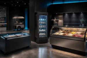 Chest, upright, mobile and scoop-display ice-cream formats brought together in one showroom. Original concept image created for Craven Cooling.