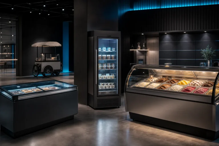 Chest, upright, mobile and scoop-display ice-cream formats brought together in one showroom. Original concept image created for Craven Cooling.