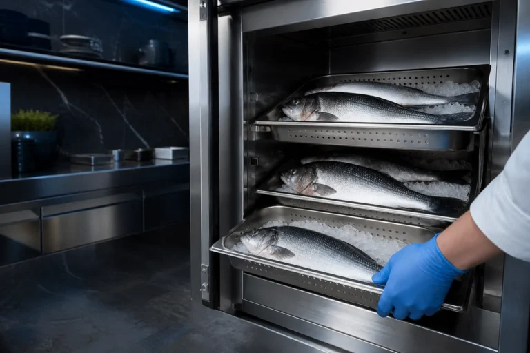 Purpose-designed refrigerated fish storage with draining GN trays. Original concept image created for Craven Cooling.