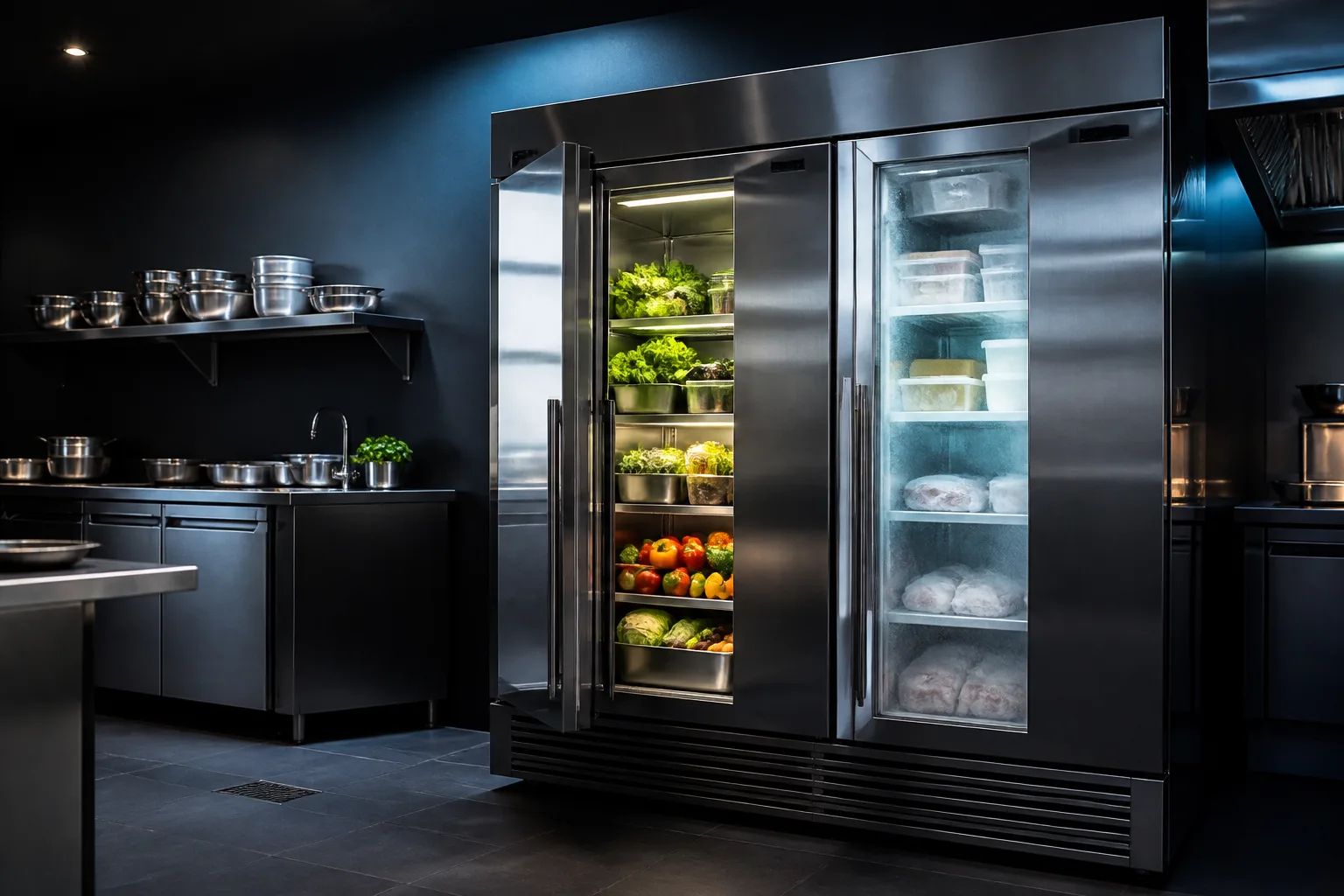 Flexible chilled and frozen storage visualised in one professional kitchen. Original concept image created for Craven Cooling.