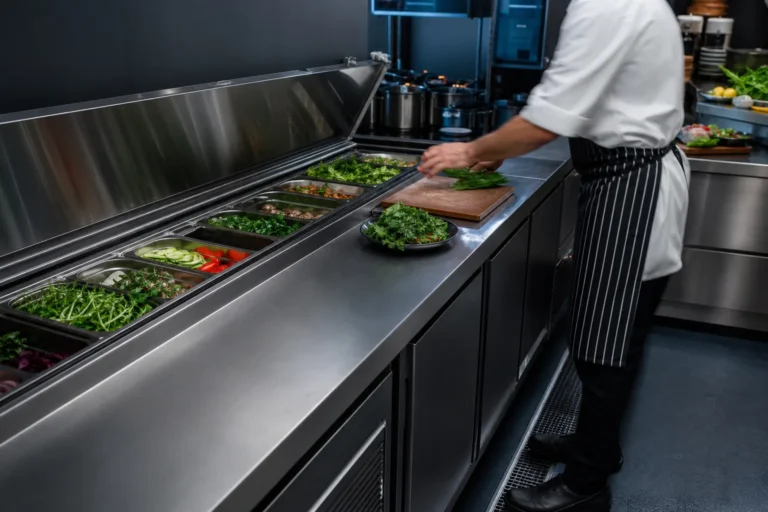 A wide refrigerated prep counter supporting a high-volume kitchen section. Original concept image created for Craven Cooling.