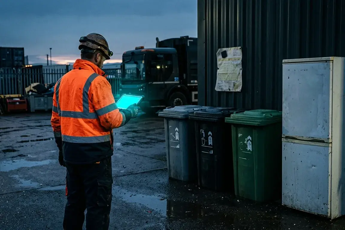 A kitchen manager logging a waste collection on a tablet while old catering appliances are loaded onto a licensed carrier's van.