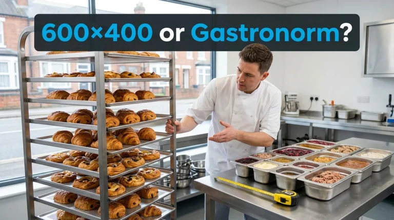 Baker comparing a rack of 600x400 pastry trays with gastronorm pans on a prep counter — 600×400 or Gastronorm?