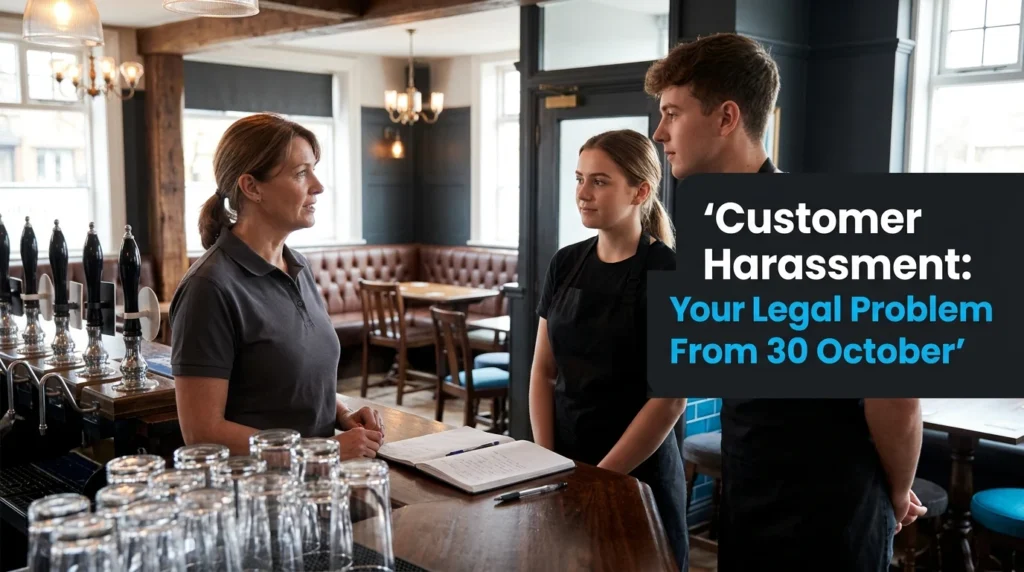 Pub manager calmly briefing two staff at the bar before opening — Customer Harassment: Your Legal Problem From 30 October