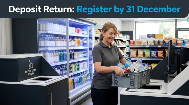 Shopkeeper placing a crate of empty bottles and cans at a counter return point beside a drinks multideck — Deposit Return: Register by 31 December